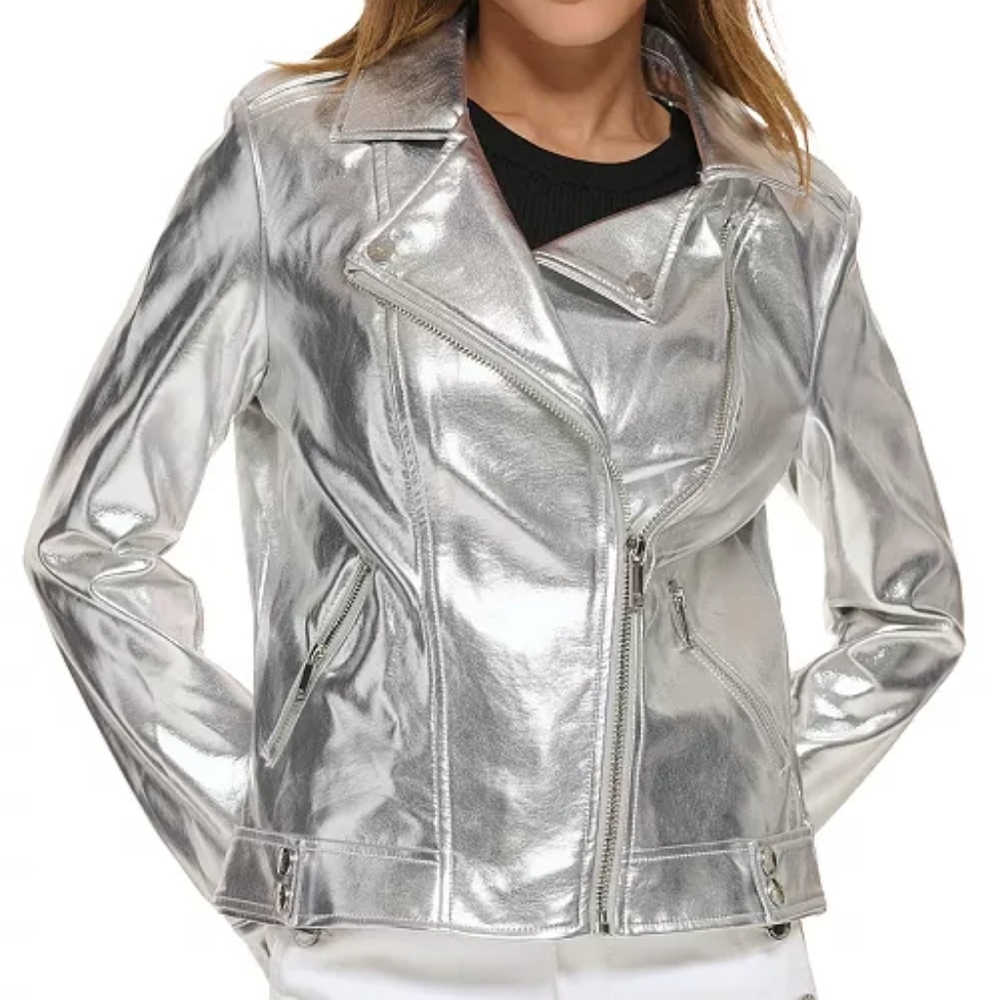 KARL LAGERFELD PARIS Women's Metallic Asymmetrical-Zip Jacket